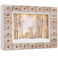Calendar advent din lemn PĂDUREA DE IARNĂ cu iluminare, 35x6x27cm, alb/maro