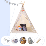 Cort tip teepee pentru copii JULIUS, 120x120x160cm, alb/gri