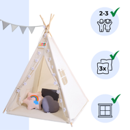 Cort tip teepee pentru copii JULIUS, 120x120x160cm, alb/gri