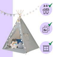 Cort tip teepee pentru copii JULIUS, 120x120x160cm, gri/albastru