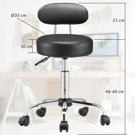 Taburet pe roți cu spătar ROLAND, Ø35cm, negru