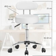 Taburet pe roți cu spătar ROLAND, Ø35cm, alb
