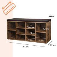 Pantofar cu bancă tapițată GABI, 10 compartimente, 104x30x48cm, maro închis/negru  