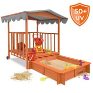 Zonă cu nisip și verandă 130 x 130 x 143 cm, din masiv de pin, maro gri