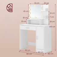 Masă de toaletă JOCELYN cu iluminare, 140×90×40cm, albă