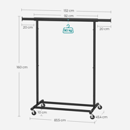 Suport pentru haine INEZ cu roți, max.90kg, 83,5x45x160cm, negru