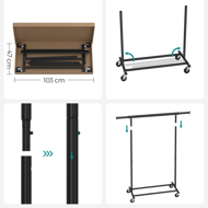 Suport pentru haine INEZ cu roți, max.90kg, 83,5x45x160cm, negru