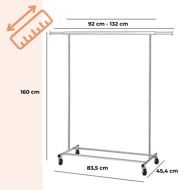 Suport pentru haine INEZ cu roți, max.90kg, 83,5x45x160cm, argintiu