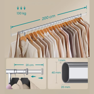 Umeraș pentru haine DOLLY pe roți, max. 150 kg, 45x160-200x161,5cm, argintiu