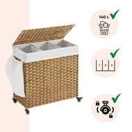 Coș de rufe pe roți din ratan sintetic AVA, 140L, maro natural