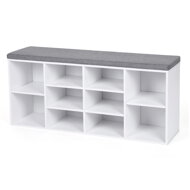 Pantofar cu bancă tapițată GABI, 10 compartimente, 104x30x48cm, alb/gri  