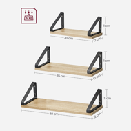 Polițe de perete cu console ABBY, 3 bucăți, 30/35/40x12cm, maro deschis