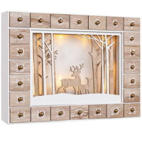 Calendar advent din lemn PĂDUREA DE IARNĂ cu iluminare, 35x6x27cm, alb/maro