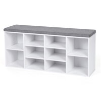 Pantofar cu bancă tapițată GABI, 10 compartimente, 104x30x48cm, alb/gri  