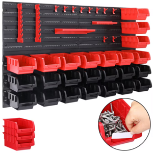 Organizator suspendat pentru atelier ORDERBOX cu 28 de cutii și suporturi pentru unelte, 64x2x38 cm, roșu/negru