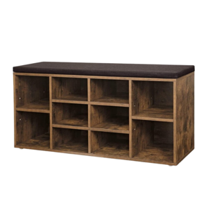 Pantofar cu bancă tapițată GABI, 10 compartimente, 104x30x48cm, maro închis/negru  