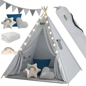 Cort tip teepee pentru copii JULIUS, 120x120x160cm, gri/albastru