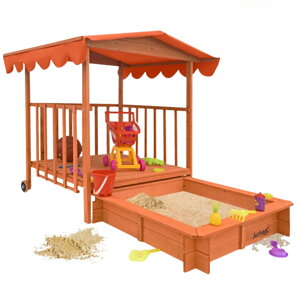 Groapa cu nisip cu verandă HAPPY, 130x130x143cm, maro/portocale