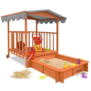 Zonă cu nisip și verandă HAPPY, 130 x 130 x 143 cm, din masiv de pin, maro gri