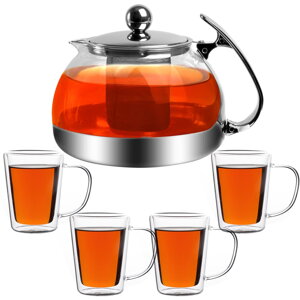 Set de ceai cu sită TEA 1,2L + 4 căni, transparent, argintiu