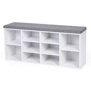 Pantofar cu bancă tapițată GABI, 10 compartimente, 104x30x48cm, alb/gri  