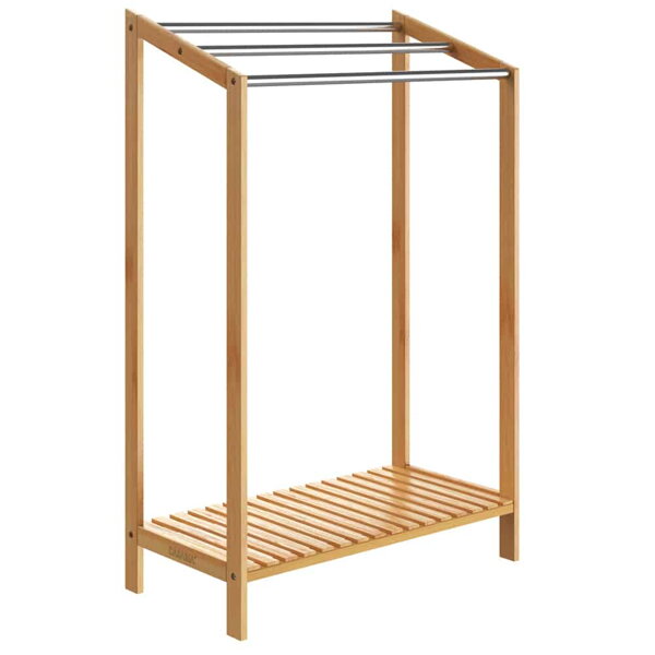 Suport pentru prosoape din bambus RUBBY cu bare metalice și raft, 51x31x85 cm, maro/argintiu
