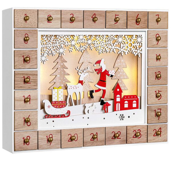 Calendar de advent din lemn cu iluminare LED, Moș Crăciun 35x6x27cm