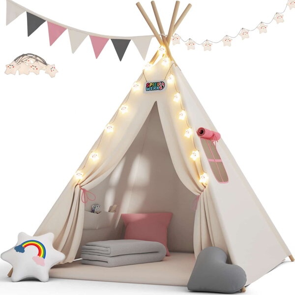 Cort tip teepee pentru copii JULIA, 160x120x120cm, bej/roz