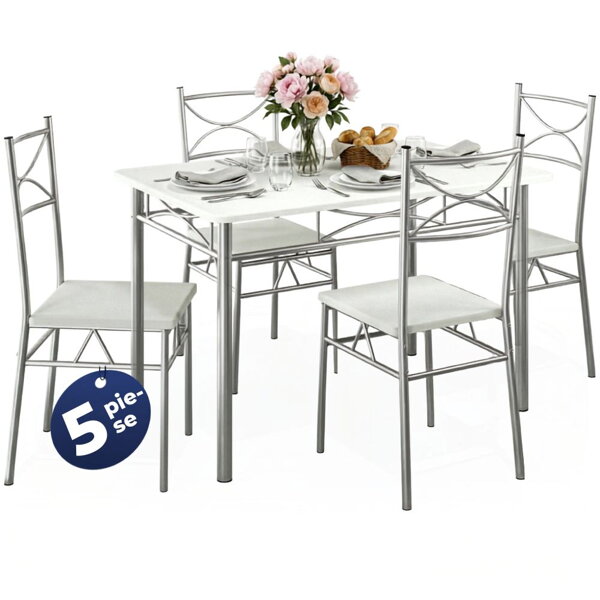 Set de mese de dining PAUL, 5 bucăți, catifea albă