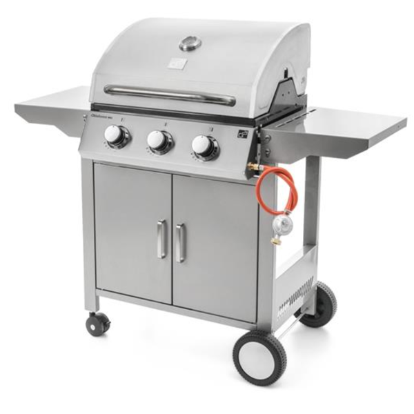 Grătar pe gaz OKLAHOMA BBQ, 3 arzătoare, cu regulator de presiune, argintiu