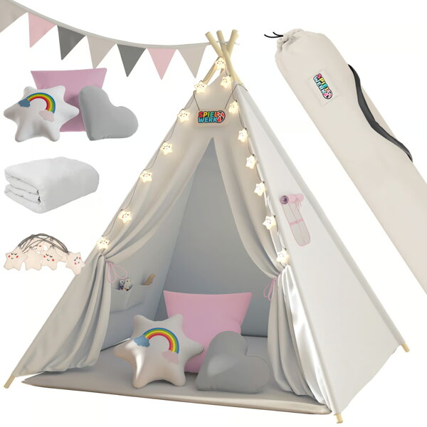 Cort tip teepee pentru copii JULIA, 160x120x120cm, bej/roz