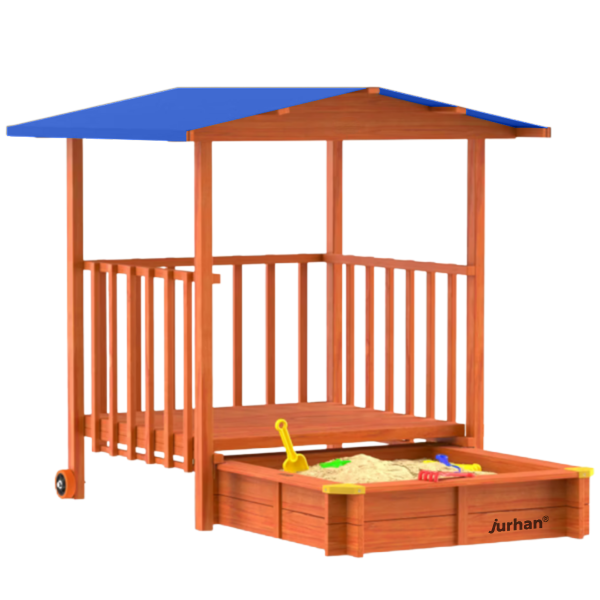 Groapa cu nisip cu verandă SUNNY, 130x130x143cm, maro/albastră