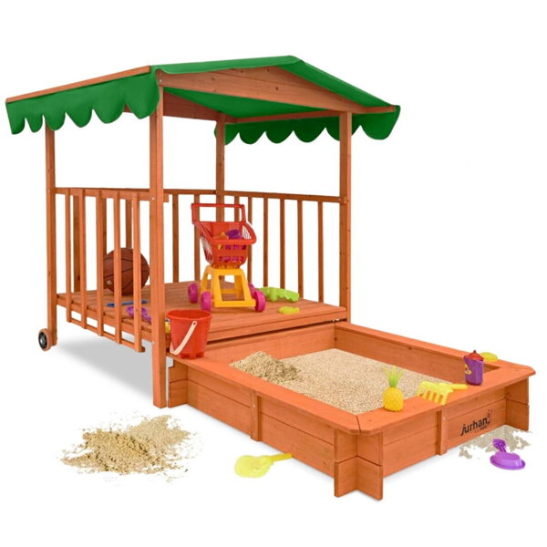 Groapa cu nisip cu verandă HAPPY, 130x130x143cm, maro/verde