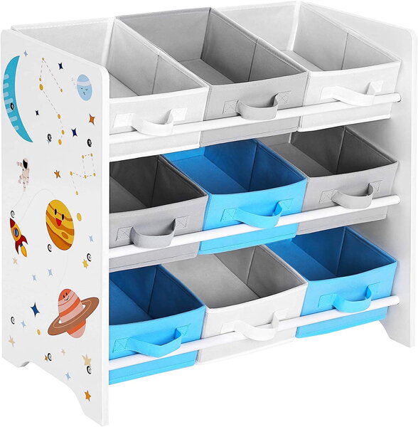 Raft pentru jucării UNIVERSUL, 9 cutii, 62,5x29,5x60cm, alb cu autocolante