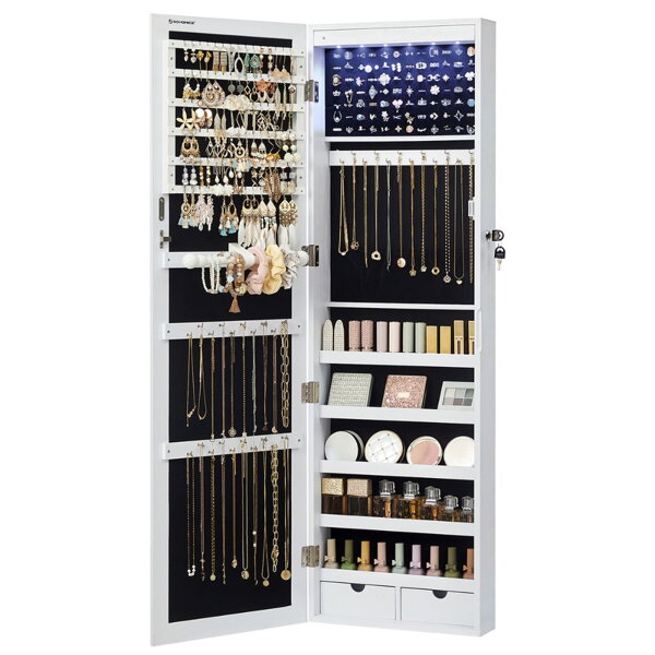 Dulap pentru bijuterii montat pe perete cu oglindă JEWELIA, cu iluminare LED, 10x37x120 cm, alb