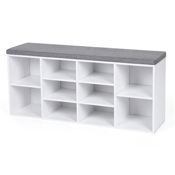 Pantofar cu bancă tapițată GABI, 10 compartimente, 104x30x48cm, gri/alb