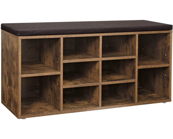 Pantofar cu bancă tapițată GABI, 10 compartimente, 104x30x48cm, maro închis/negru  